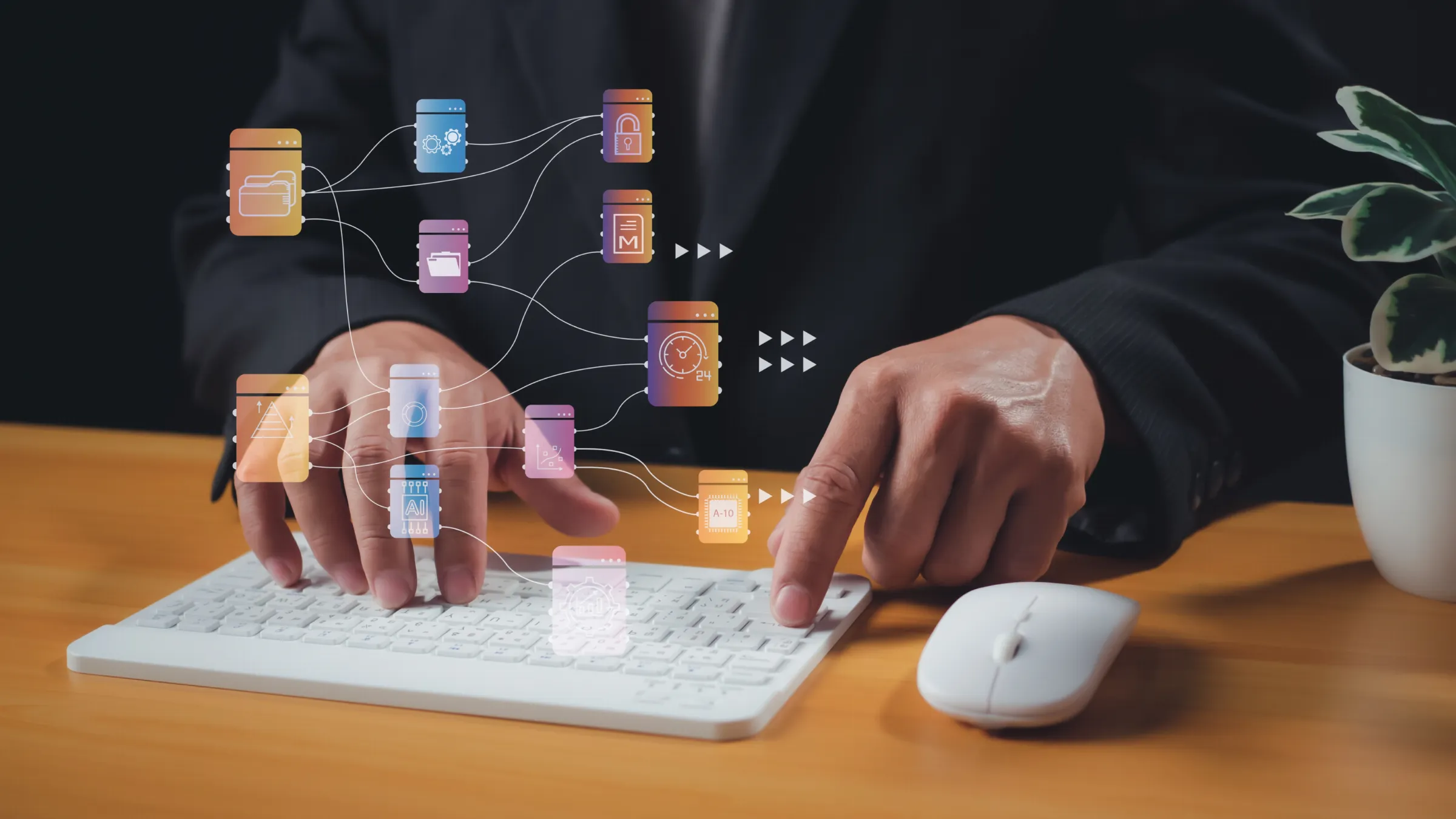 Hands on a keyboard with a holographic workflow diagram