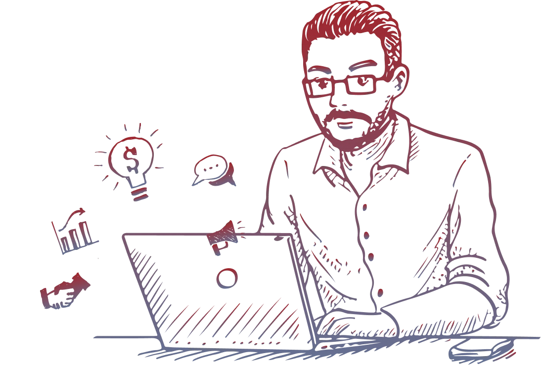 Hand-drawn sketch of a developer working on a laptop surrounded by idea and chart icons
