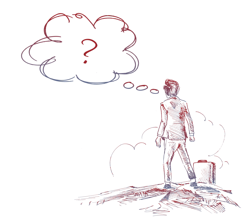 Hand-drawn sketch of a person on a hilltop with a question-mark thought bubble