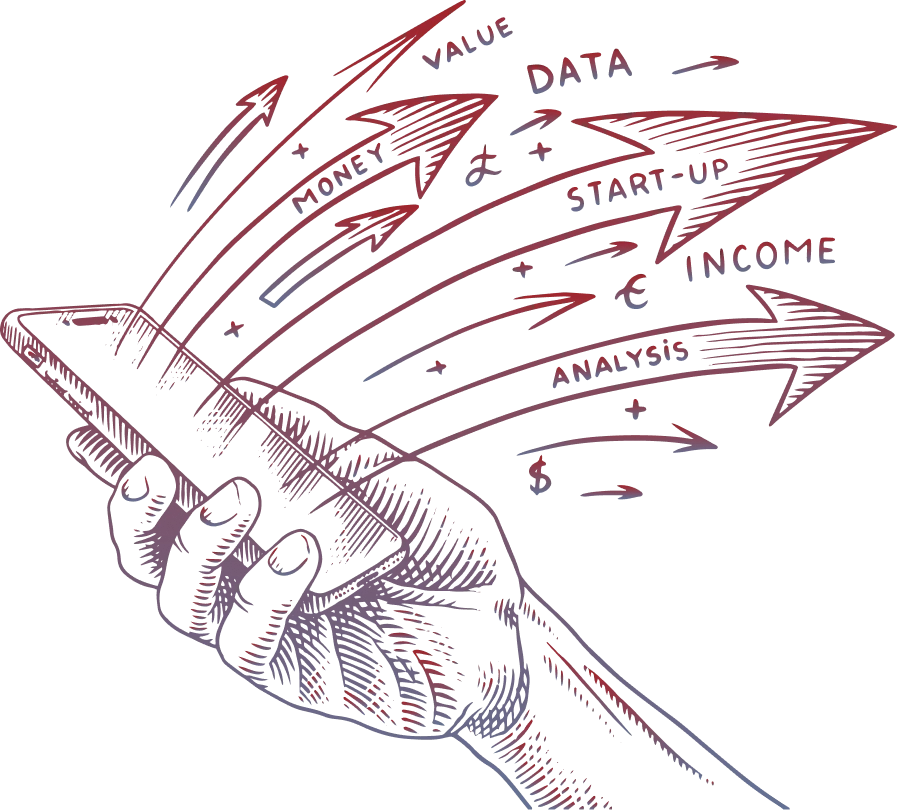 Hand-drawn sketch of a hand holding a phone with rising data arrows