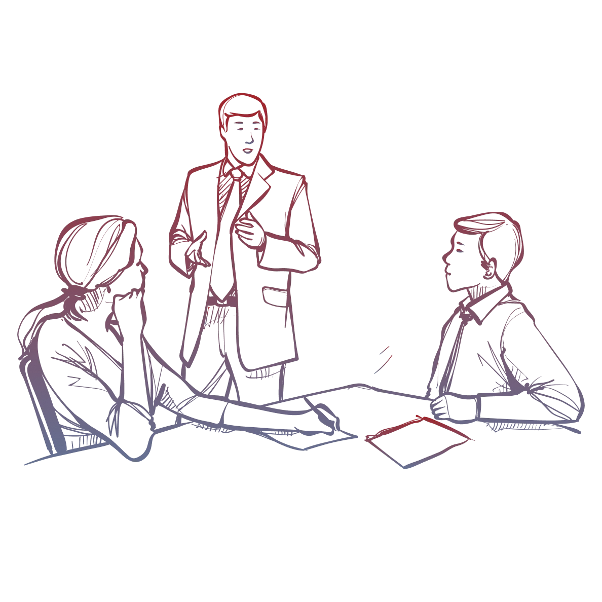 Hand-drawn sketch of a consulting meeting around a table