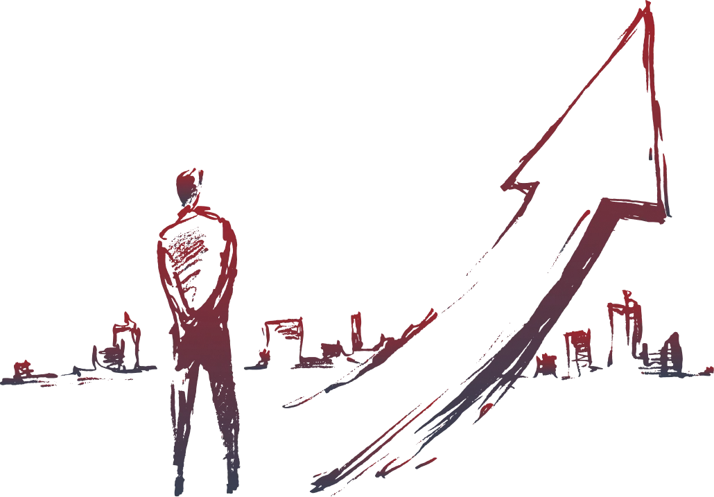 Hand-drawn sketch of a man looking at a city skyline and a rising arrow
