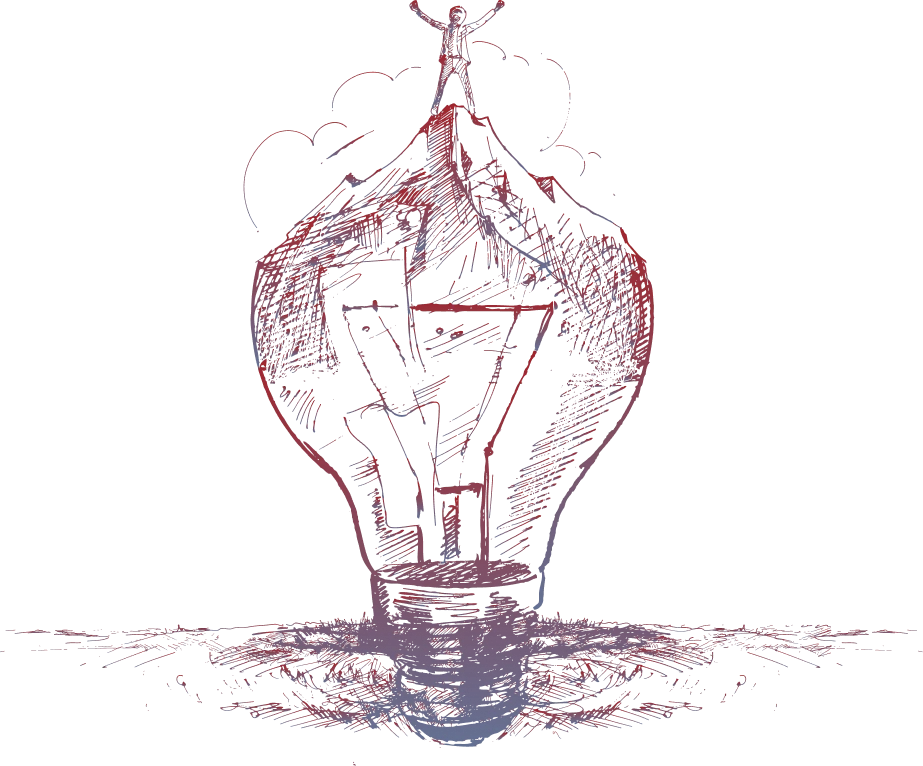 Hand-drawn sketch of a light bulb with a figure standing on a mountain top